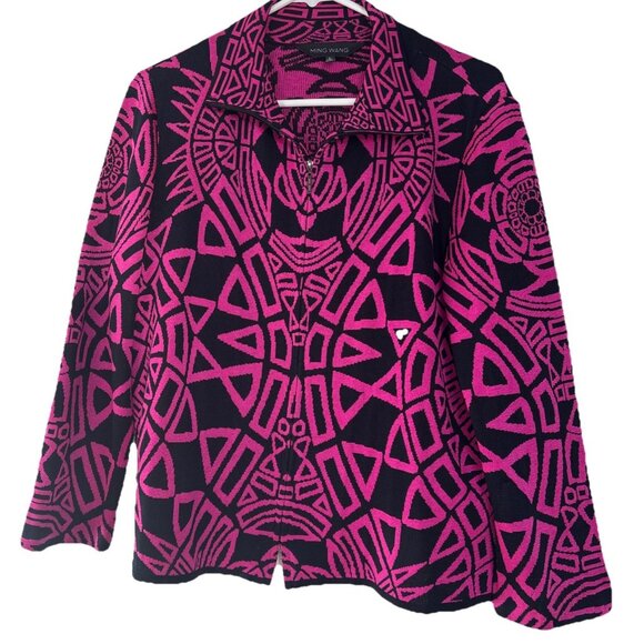 Ming Wang L Pink & Black Artistic Cardigan Jacket Sweater Zip Up Church/Business - Picture 1 of 9